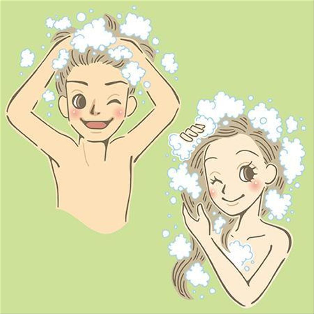 30代女性と30代男性がシャンプーをしているイラスト（計2点）