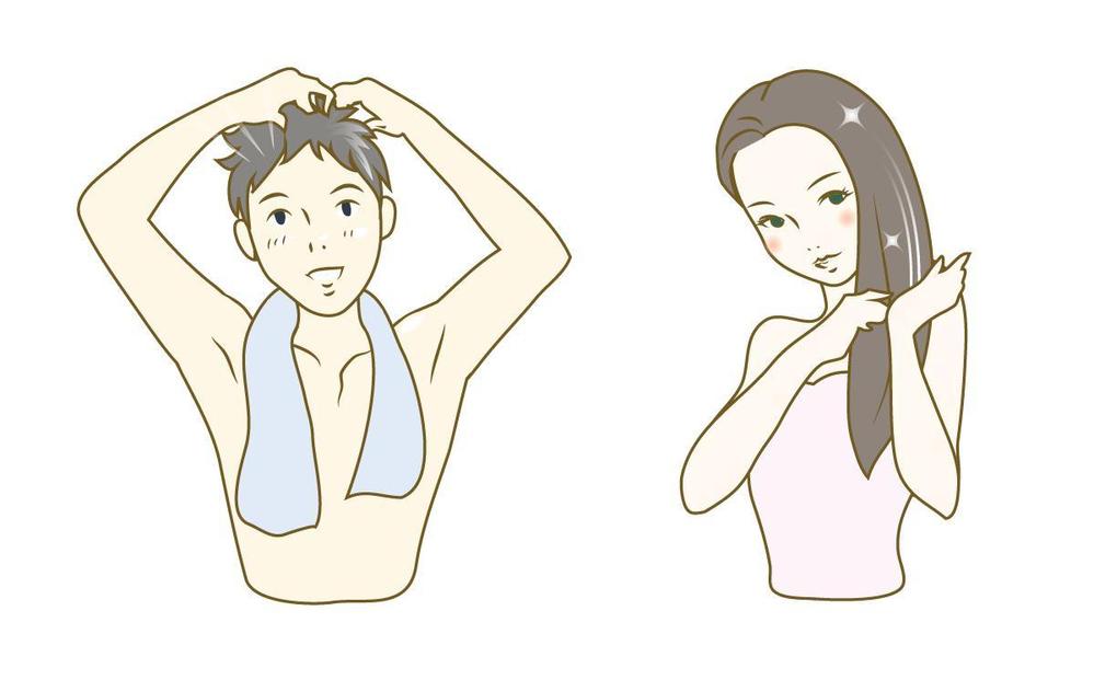 30代女性と30代男性がシャンプーをしているイラスト（計2点）