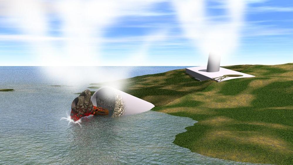 津波に飲まれる原子力発電所のCG（静止画）