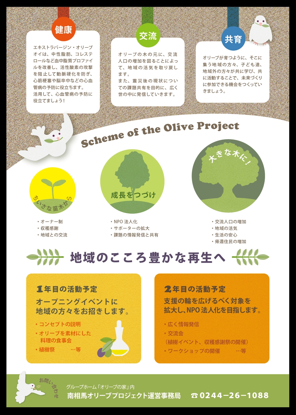 キックオフイベントのフライヤー：参加体験型イベント（オリーブの植樹・収穫・食べる・交流）