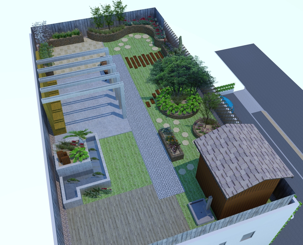 住宅兼店舗ビルの緑化をテーマにした外観パース