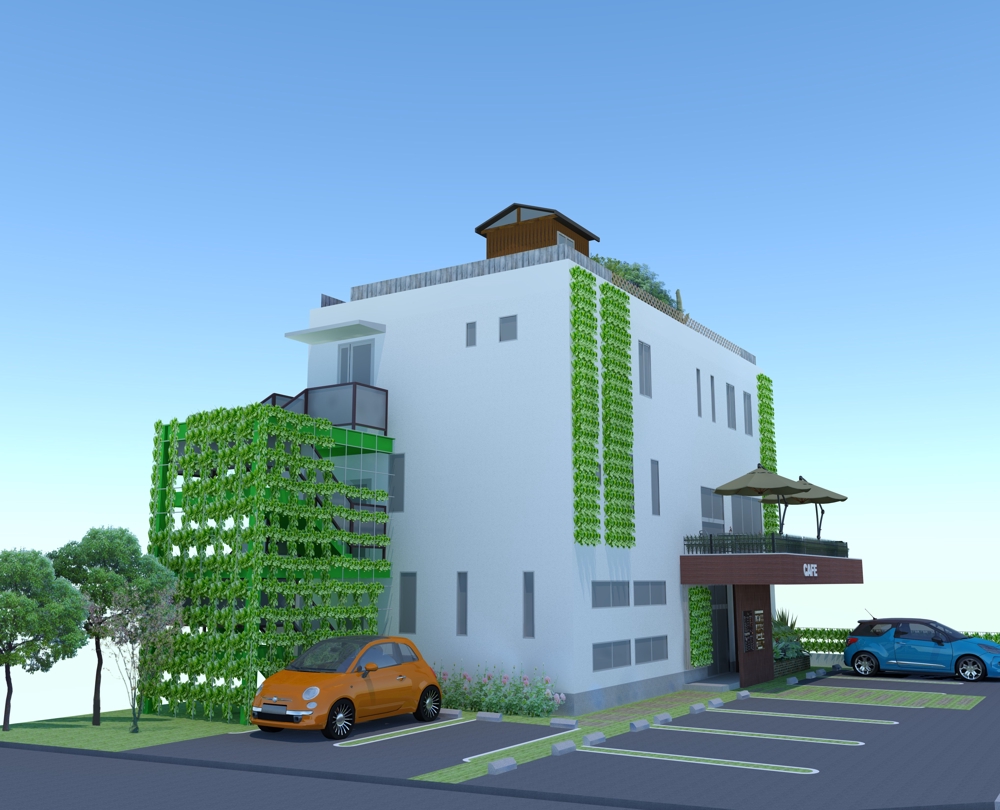 住宅兼店舗ビルの緑化をテーマにした外観パース