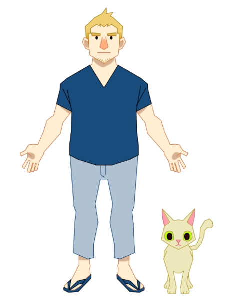 アキモト (akmt_mzr)さんのシンプルなタッチのデフォルメ男性キャラクターとその飼い猫への提案
