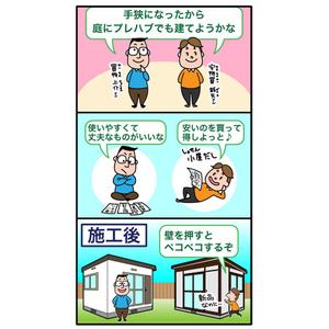久保田　歩 ()さんのシュールかな?　シンプルな商品比較の8コマ漫画　登場人物3人　ラフ画あります。への提案