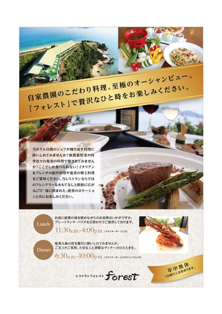 Maoken (co_mu)さんの奄美大島の抜群の景観に立地するリゾートホテル内にある和洋レストラン宣伝チラシへの提案