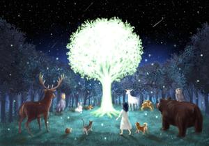 kosa (kosatsune)さんの夜の森 輝く木に集う動物達のイラストへの提案