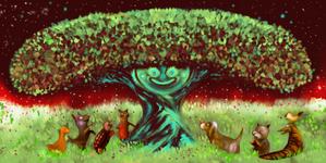 Cezaru (cesarkayanoki)さんの夜の森 輝く木に集う動物達のイラストへの提案