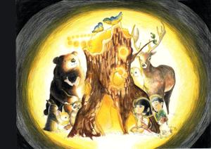 TOMOMI (sirako777)さんの夜の森 輝く木に集う動物達のイラストへの提案