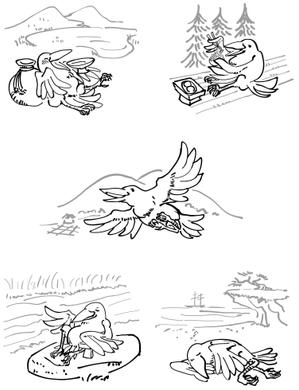すずき匠 (takumi_suzuki)さんの鳥獣戯画風の白いカラスのキャラクターデザインへの提案