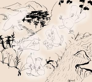蔵田惣一 (jamson9jimon9)さんの鳥獣戯画風の白いカラスのキャラクターデザインへの提案