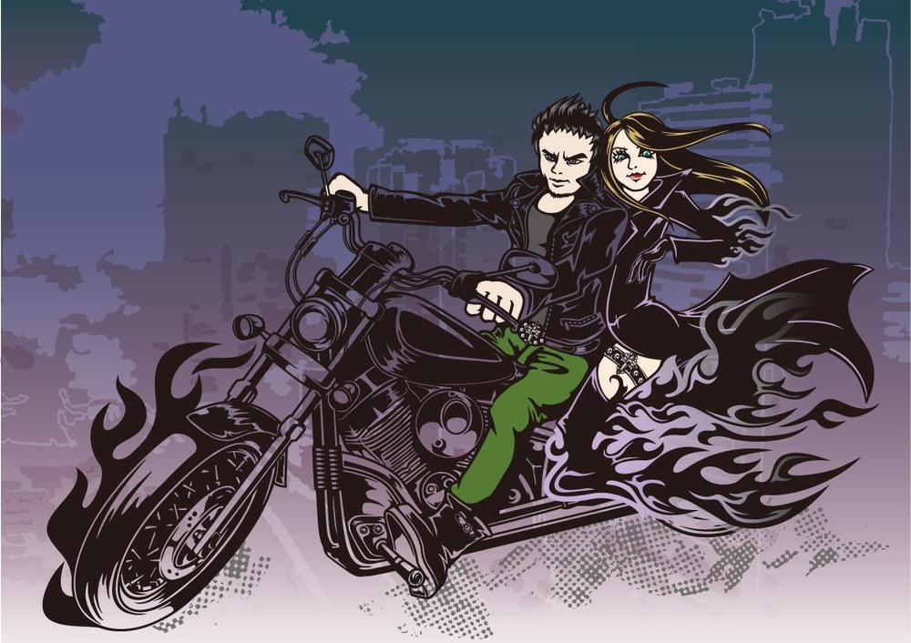 北欧のロック（バンパイヤ）な少女とバイクのイラスト