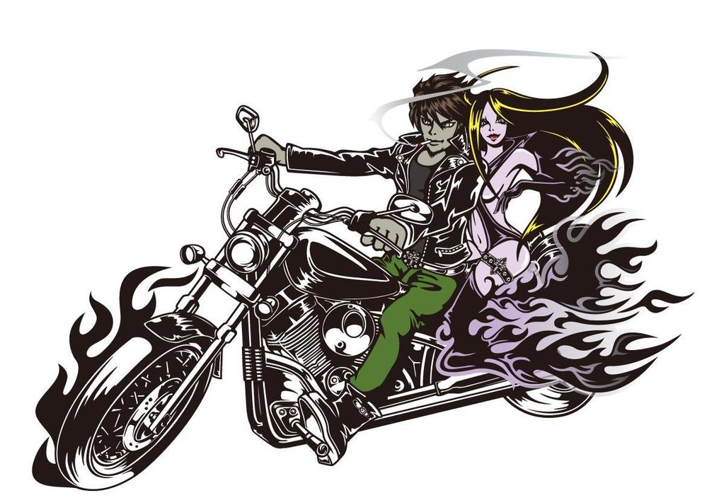 北欧のロック（バンパイヤ）な少女とバイクのイラスト