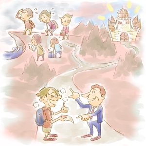 ショウein (Shoei)さんの海外新聞の風刺画風イラスト　ー　旅行者が道を尋ねる場面への提案