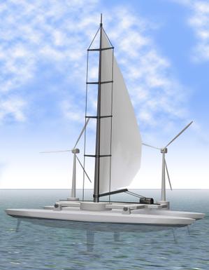 Kuma (t_kuma)さんの近未来のヨット型のロボット　セイルを立てて海原に浮かび、船上には風車を搭載し発電できるへの提案