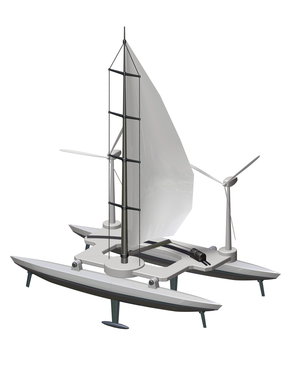 近未来のヨット型のロボット　セイルを立てて海原に浮かび、船上には風車を搭載し発電できる
