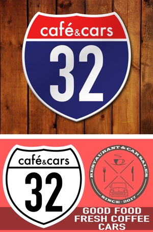 Kすけ (OKEI)さんの新規Open飲食店カフェダイニング「café&cars 32」のロゴへの提案