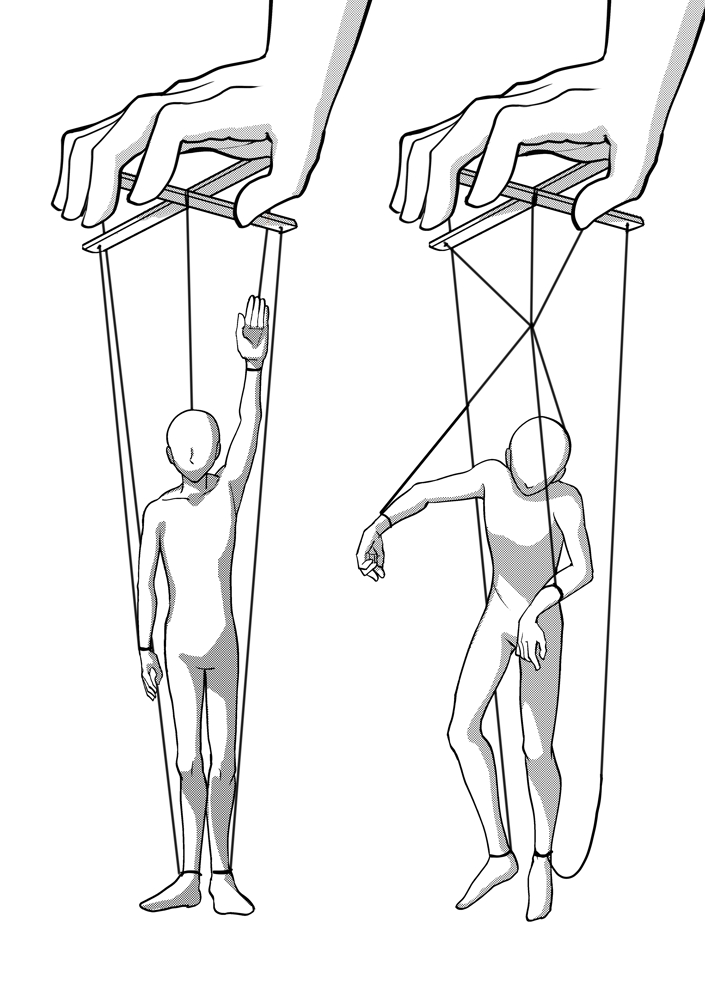 糸が絡まって変な姿勢（動き）をしているマリオネット（操り人形）のイラスト